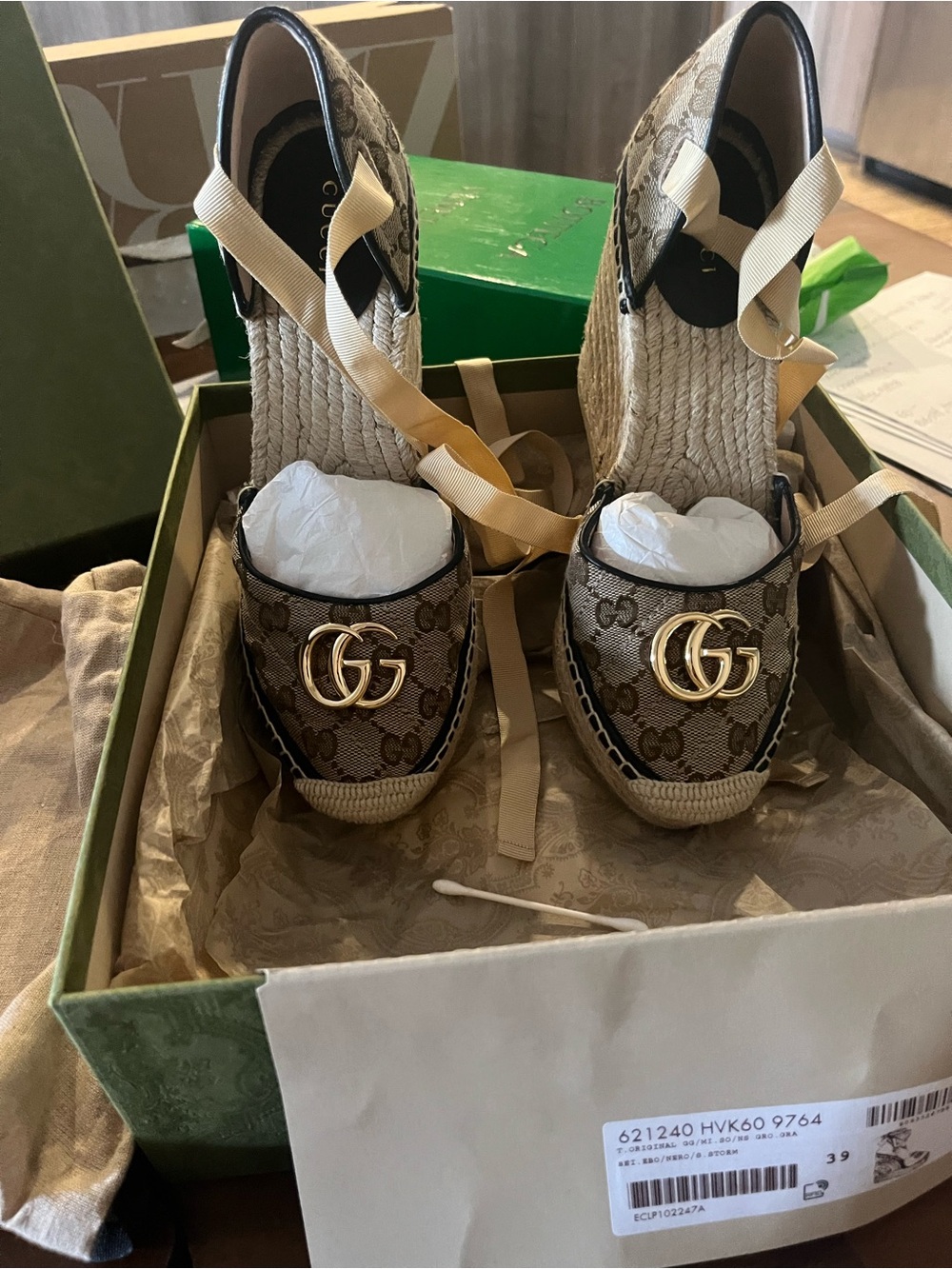 Gucci Brown GG Canvas Espadrille Wedges with Gold Double G